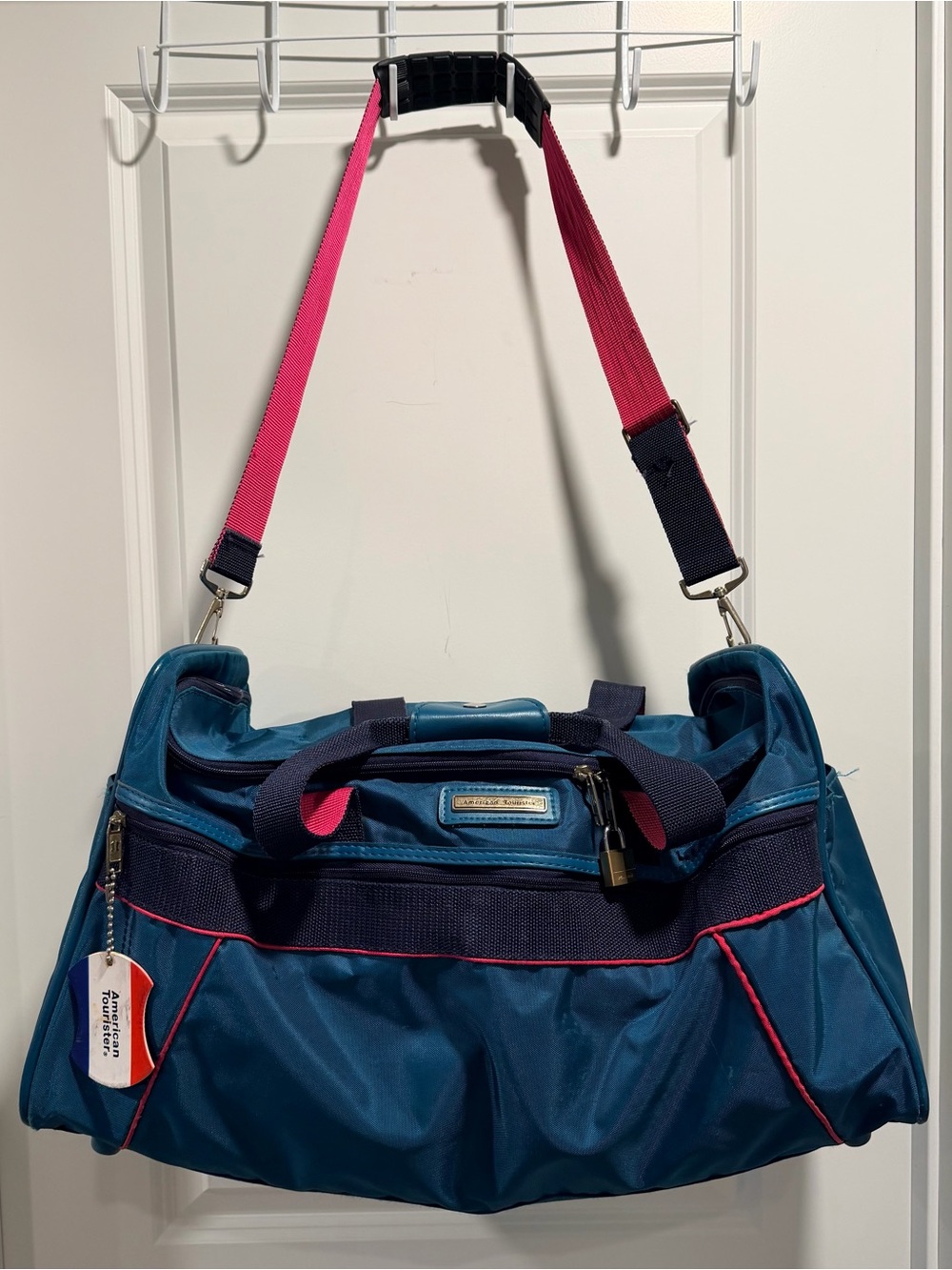 Teal Nylon Weekend Duffel Bag with Pink Strap